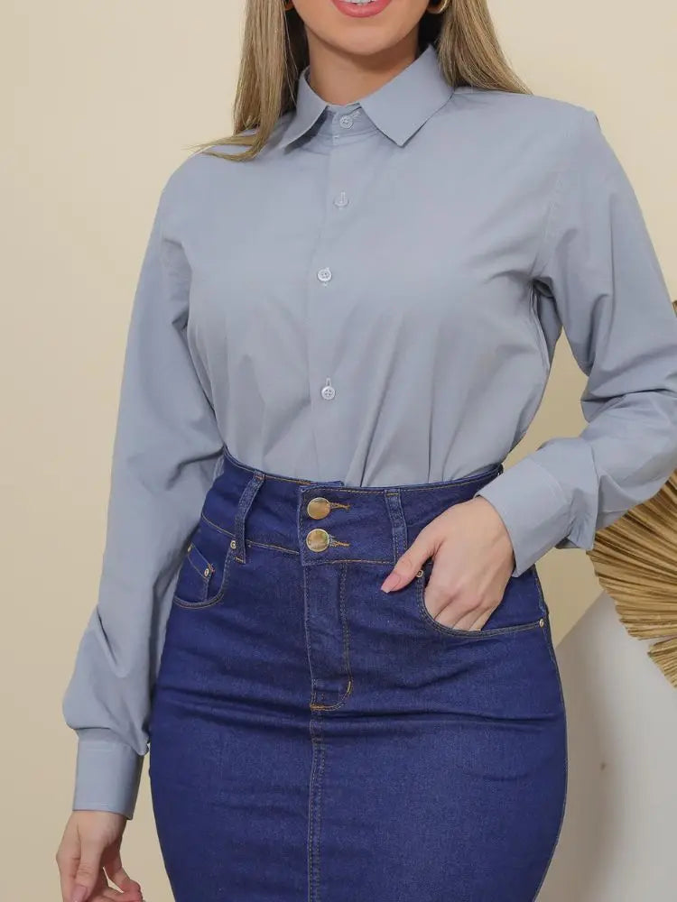 Camisa social cinza slim de manga comprida feminina