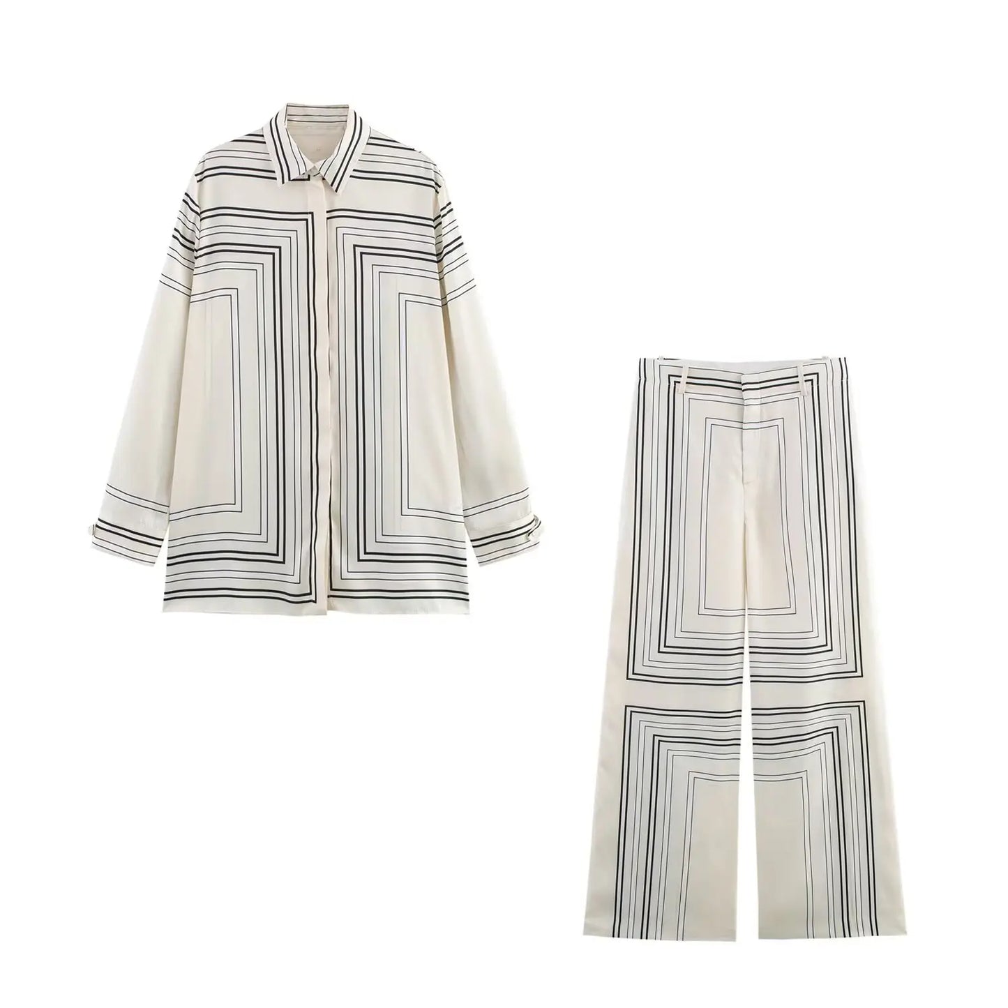 HH 2025 Women Trouser Suit Turn-down Collar Long Sleeve Single-breasted Slim Print Shirt+High Waist Zipper Loose Long Pants