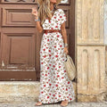 Women Sexy Casual Elegant Holiday Dress Summer Trend V-Neck High Slit Irregular Midi Dress Retro Vintage Print Slim With Belt - CRAVO ROSE