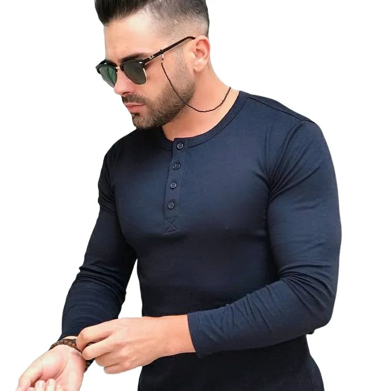 KIT COM 3 Camisetas Henley J Prata Slim Fit Manga Longa 4 Botões