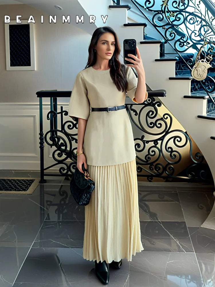 Vestido longo elegante com decote redondo e manga curta, moda feminina, liso, plissado, gaze, patchwork, 2025, novo, para escritório