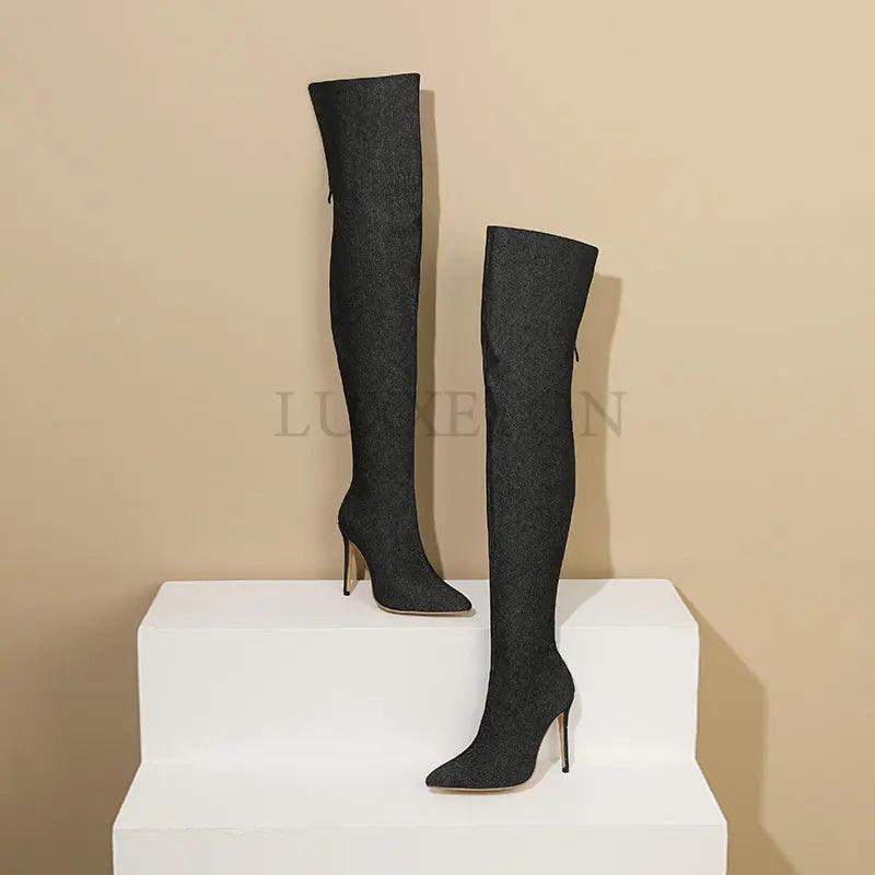 Sexy Stiletto Denim High Heels Over The Knee Boots for Women Spring Autumn High Heeled Thigh Heig Long Boots Ladies - CRAVO ROSE