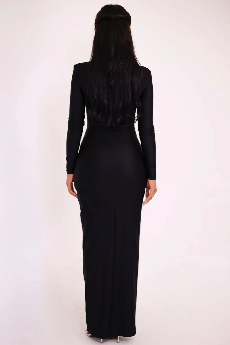 Mozision Elegant Hollow Out Long Sleeve Sexy Maxi Dress For Women Solid Color Slim Fit Cut Out Club Party Long Dress New