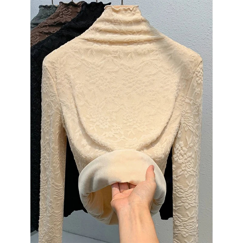 Women's Fleece Lined Lace Base Shirt Half High Collar Inner Wear Autumn Winter Warm plus Size Fat MM Top Commute Style Slim Fit