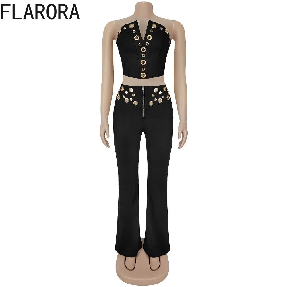 FLARORA Fashion Metal Ring Holes 2 Pcs Sets Woman Sleeveless Hollow Out Crop Tops And High Waist Flare Pants Elegant Streetwear