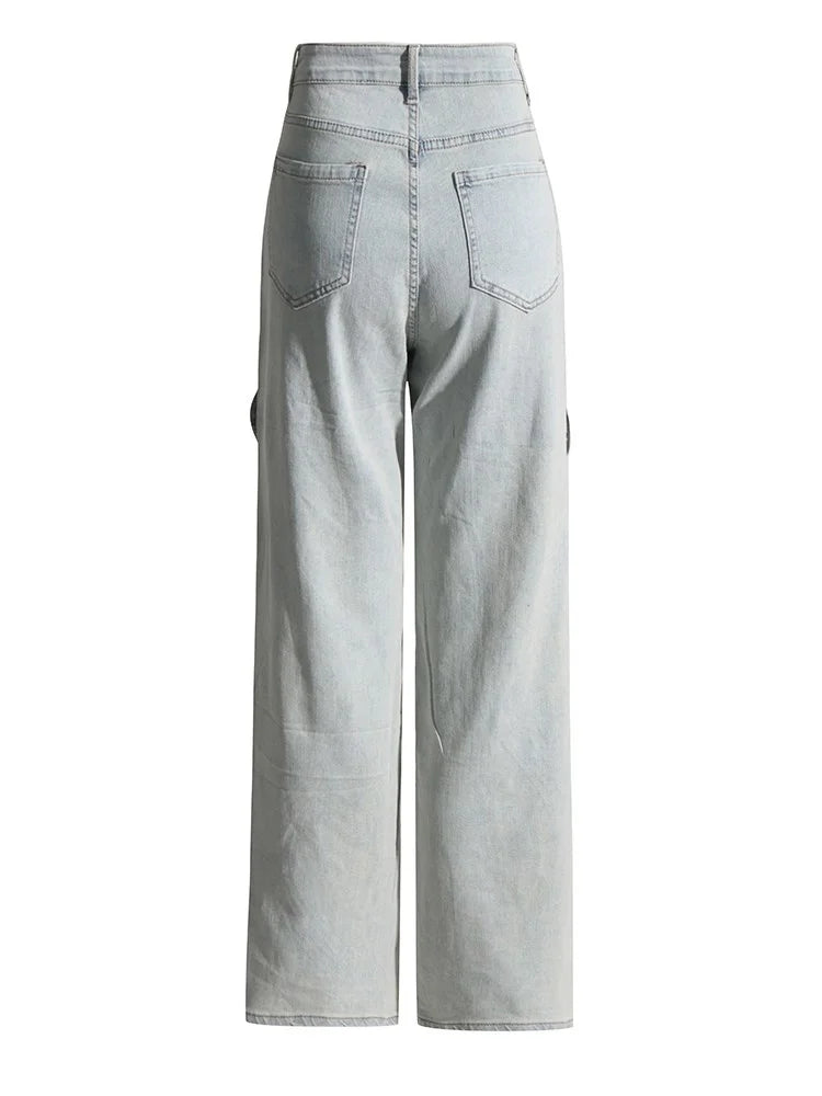 Calça jeans feminina VGH Crisscross Hit Color Streetwear cintura alta patchwork bolsos vazados calças femininas