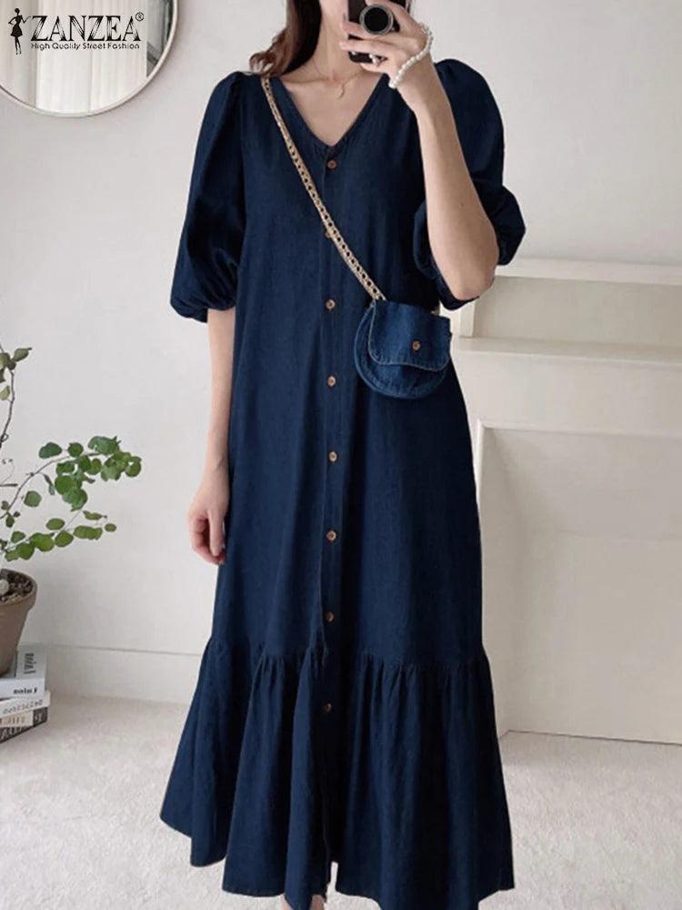 Mulheres Denim Azul Robes Longue ZANZEA Oversized Moda Verão Puff Sleeve Maxi Vestidos Retro Vestido Casual Sólido Vestido de Verão Largo - CRAVO ROSE