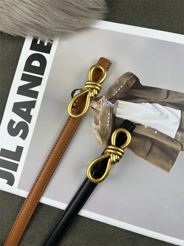 Korea Women Genuine Leather Knotted Thin Waist Belt Fashion Geometric Butterfly Gold Buckle Adjustable Corset Belt For Women