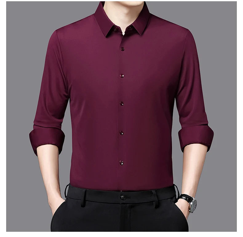 Camisa masculina premium ultraelástica - Camisa formal de manga comprida de seda de alta qualidade para uso social e casual