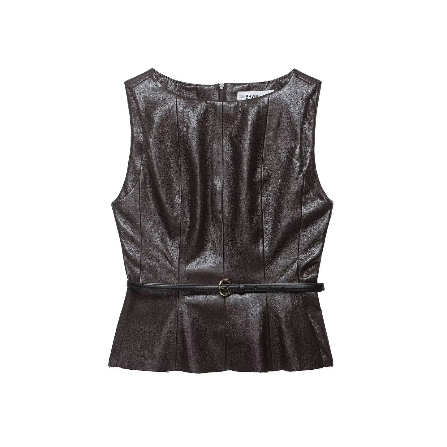 HH Vintage Women's Leather Suits 2026 Spring Summer Round Neck Belted Vest Top+Front Split Long Skirts Female Two-Piece Set