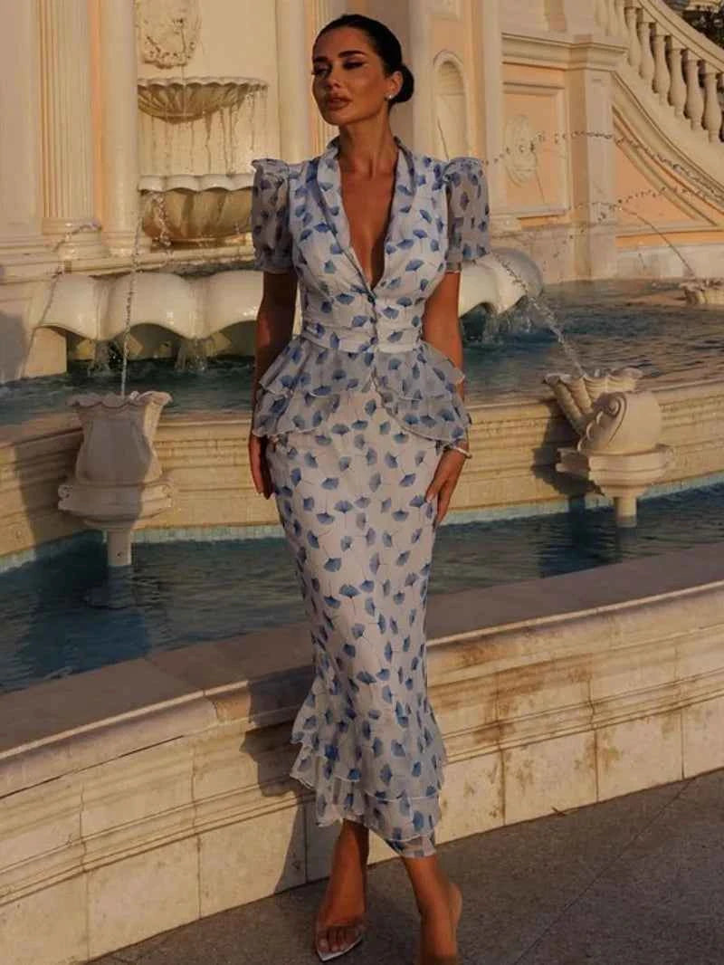 Floral Print 2 Piece Sets Women Outfit Summer Clothing Women Puff Sleeve V-Neck Blouse Top Mermaid Skirt Suit Fashion Dress Sets