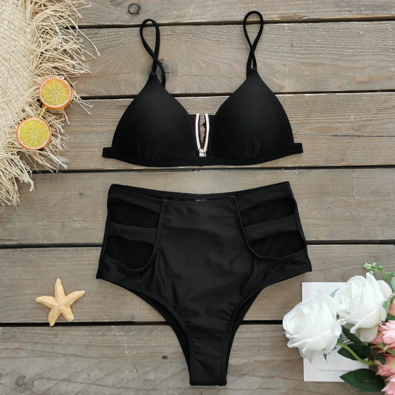 Fashion Sexy Solid Three Piece Bikini Set Padded Bra Tassel High Waist Beach Skirt Swimwear Summer Beach Holiday  Bathing Suit