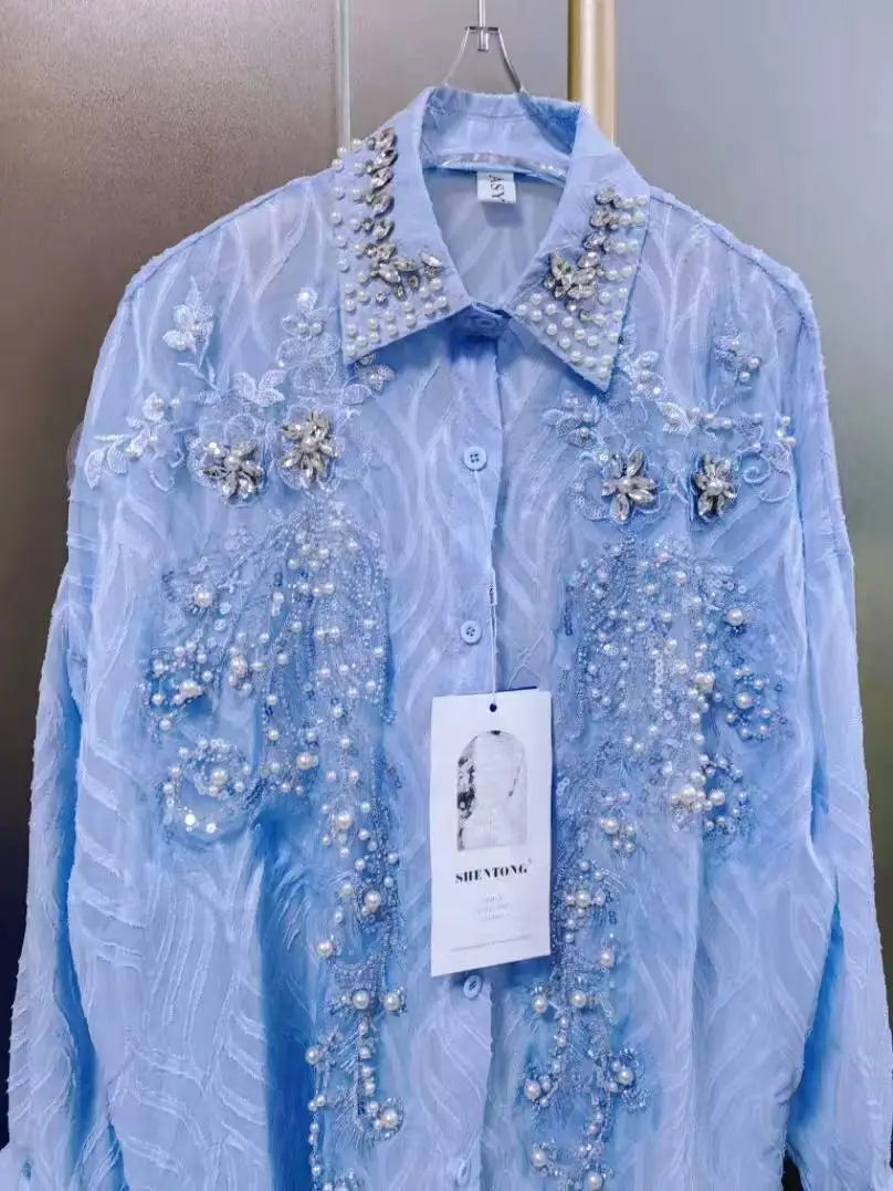 Luxury Pearls Beads Stitch Blue Blouses Shirts For Women 2025 Spring Summer New Fashion Trend Loose Casual Tops Blusas