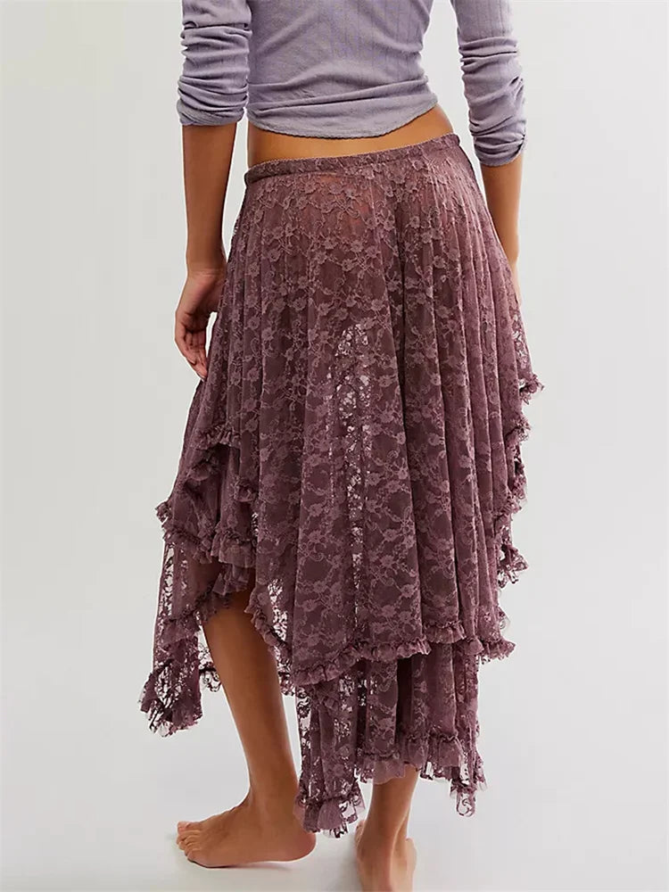 Saias longas femininas de renda, casuais, bainha irregular, camadas, babados, cintura elástica,urbana