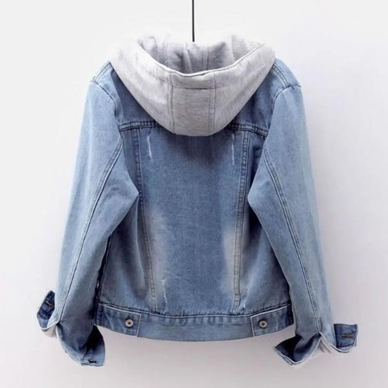 Jaqueta jeans feminina de pelúcia quente para outono e inverno, casaco de algodão curto azul jeans, casaco feminino com capuz, agasalho