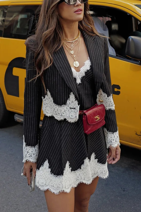 Dress Sets Women Blazer Two Piece Set Sling Mini Dresses V Neck Elegant Short Cardigan Coat Blazer Suits Slim Fit Lady Autumn