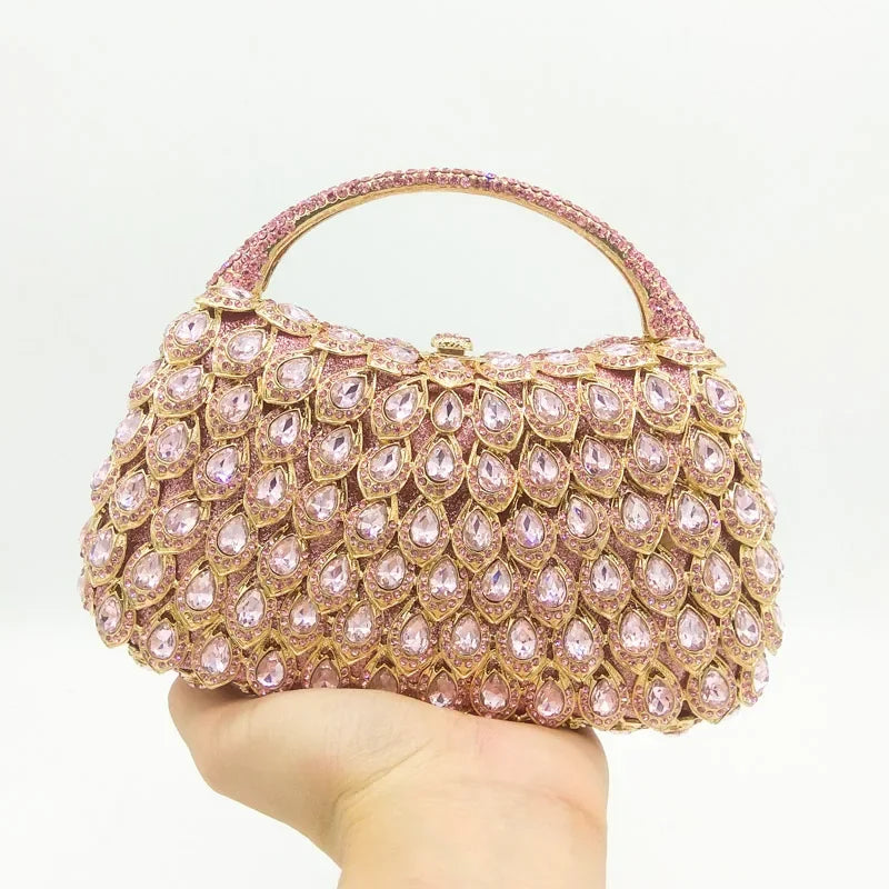 Boutique De FGG Pink Crystal Rhinestone Clutch Handbag Women Metal Minaudiere Top Handle Tote Purse Wedding Party Evening Bag