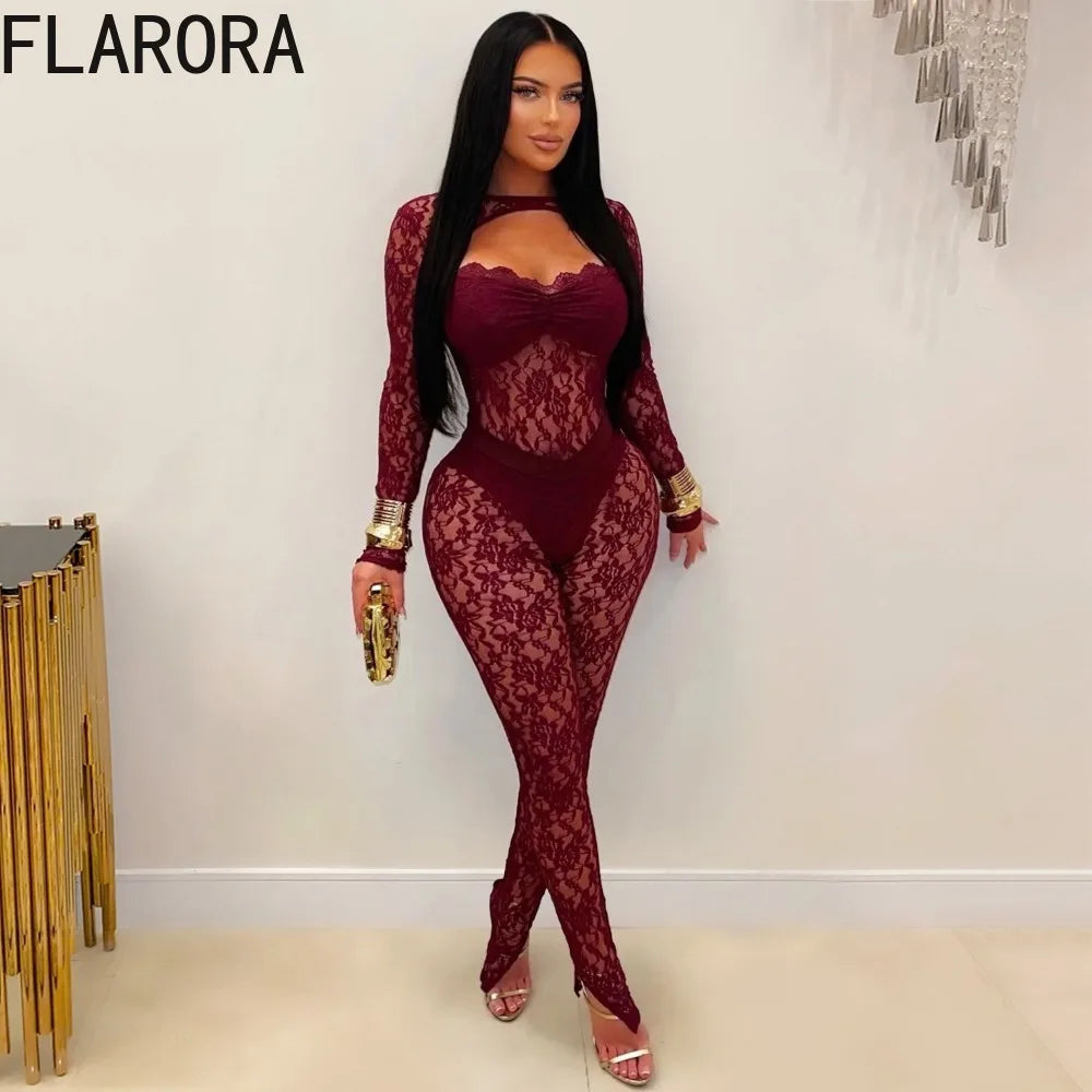 FLARORA Sexy Lace Hollow See Through Jumpsuits Woman O Neck Full Sleeve Peach Hip Slim Jumpsuit Midnight Party Clubwear Overalls