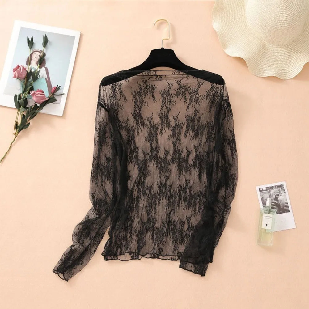 New Half High Collar Lace Shirt Transparent Perspective Long Sleeve Women Clothing Hollow Bottom Shirt Ladies