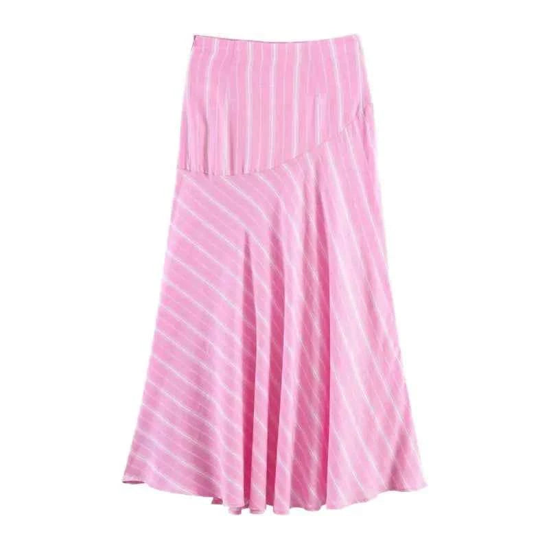 Women's Fashion Skirt Set 2 Piece Set Pink Oversize Long Sleeve Striped Shirt & Zipper Splicing Pleated Midi Skirt Female Outfit