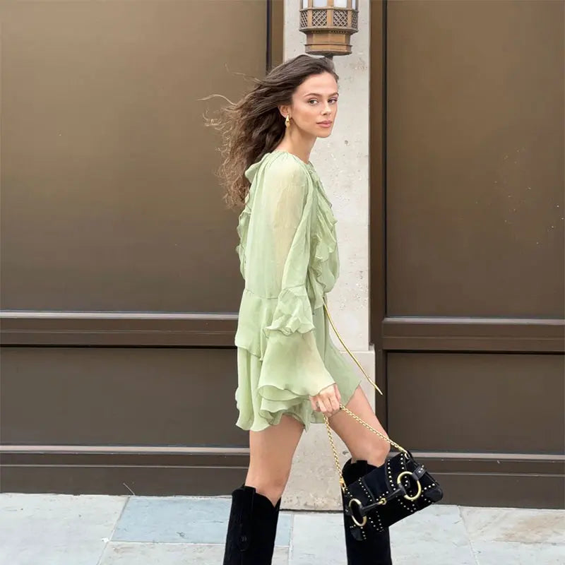 Elegant Women Green Irregular Ruffles Loose Mini Dress Fashion O Neck Full Sleeve Short Vestidos Spring Summer Chic Lady Dresses