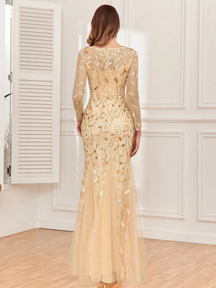 2024 Hot Sale Mermaid Evening Dresses O-Neck Full Sleeve Tulle Embroidery Long Party Gown Elegant Formal Dress