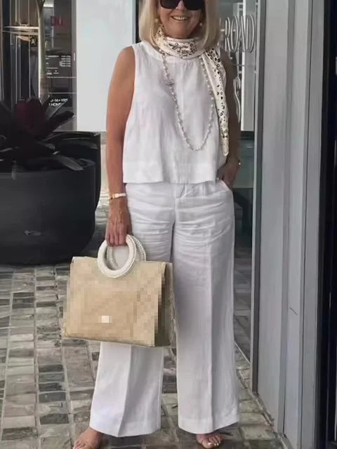 Terno feminino simples de algodão e linho, moda verão, blusa solta sem mangas, calças de perna larga, conjunto de duas peças para mulheres, roupas casuais