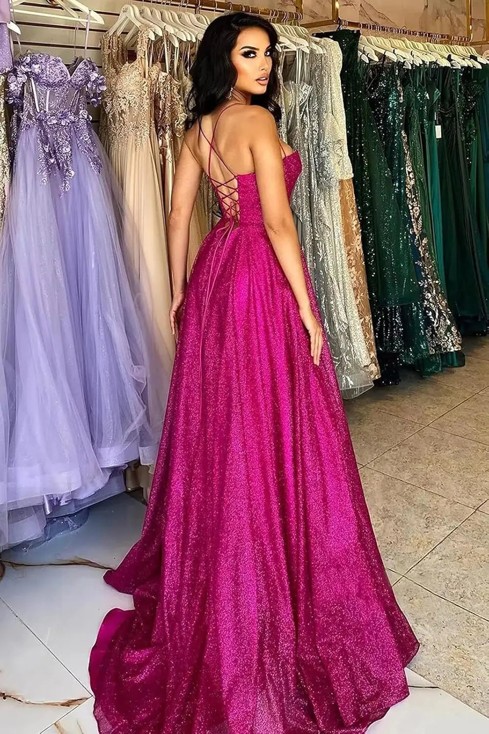 Spaghetti Straps Sleeveless Prom Dress for Women Long Shiny Tulle Formal Evening Party Gown with Slit Formal Dress Women Elegant