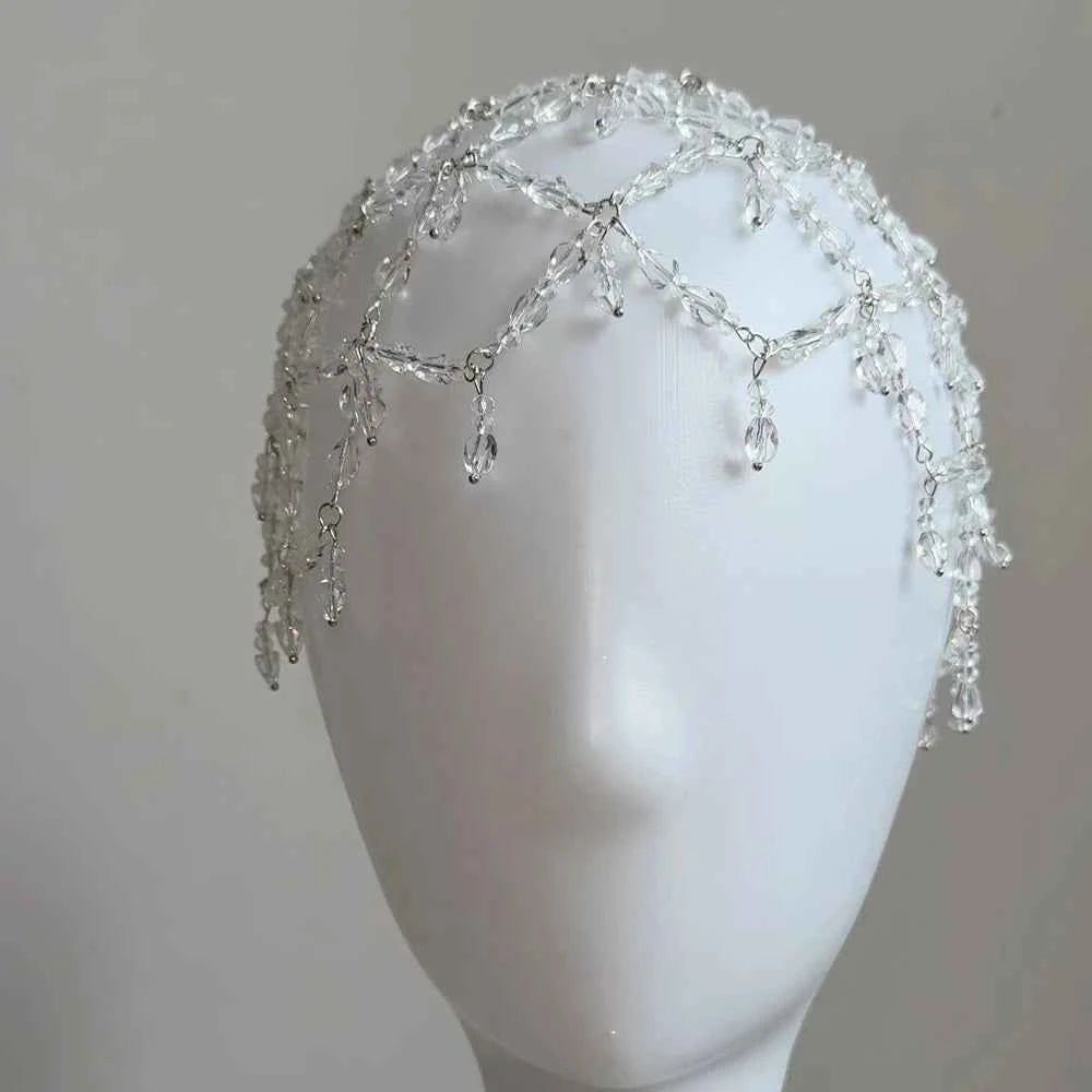Fashion Acrylic Bridal Mesh Cap Headpiece for Women Accessories Handmade Elegant Crystal Tassel Hair Chain Hat Wedding Jewelry