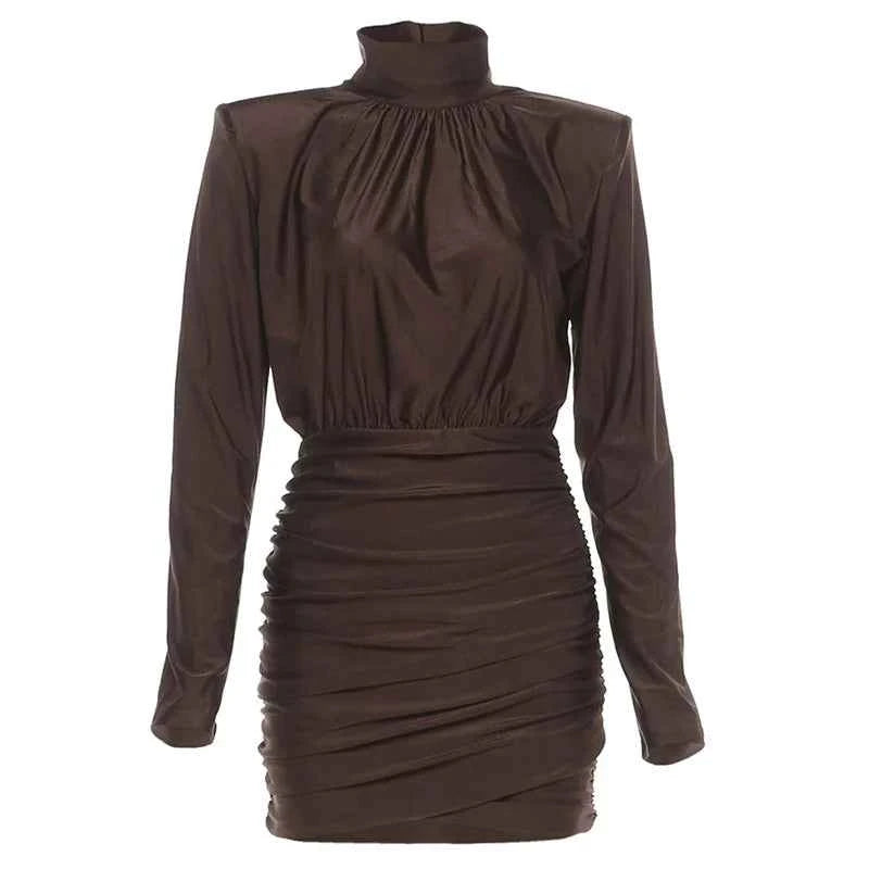 Weird Puss Elegant Shoulder Padded Dress Women Turtleneck Ruched Sexy Classic Office Commute Simple Peach Hip Slim Mini Bodycon