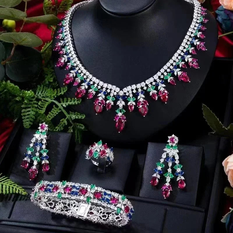 Conjunto de joias de casamento de zircônia cúbica, conjunto de 4 peças para noivas, conjunto de joias femininas, reprodução de marca de joias