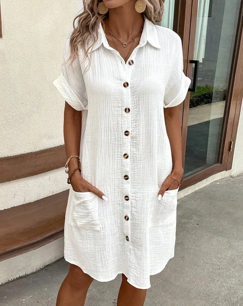 Summer Turn Down Collar Button Up Dress For Women Casual Loose Short Sleeve Pocket Splicing Solid Color Dresses Femme Robe