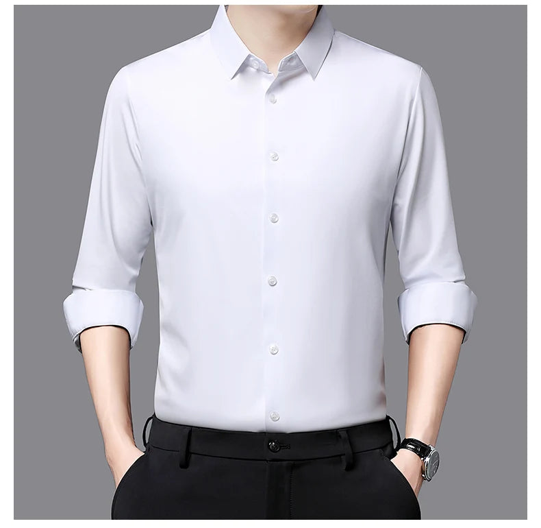 Camisa masculina premium ultraelástica - Camisa formal de manga comprida de seda de alta qualidade para uso social e casual