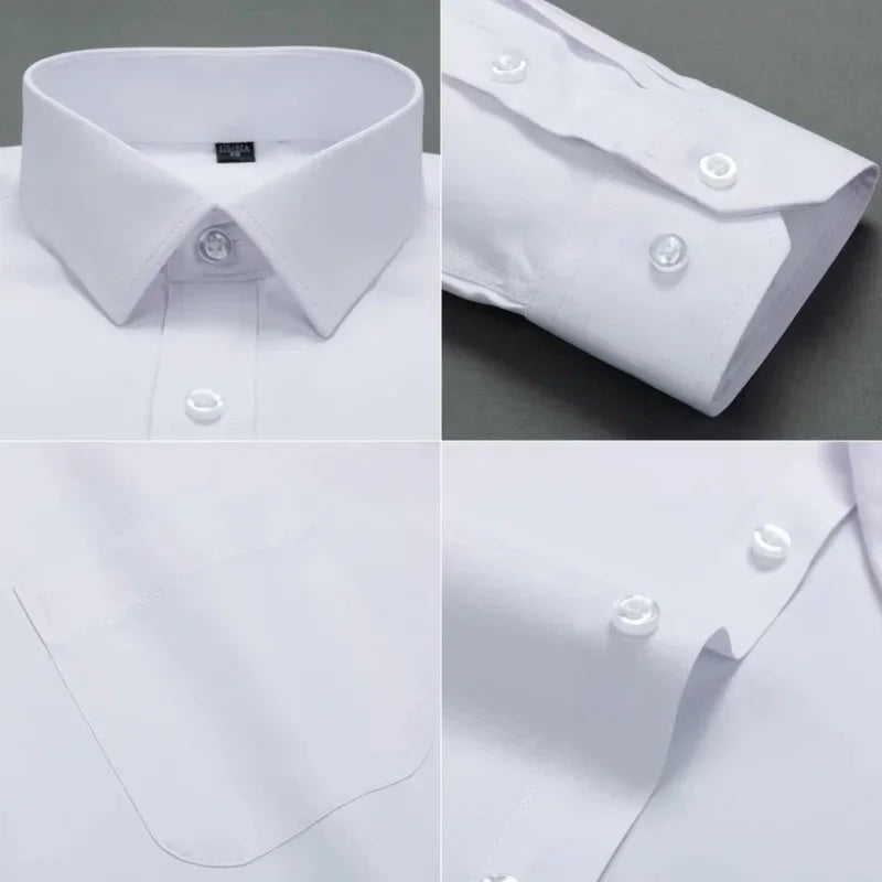 Camisa masculina de manga comprida, lisa, básica, formal, confortável, social, de ajuste padrão, fácil de cuidar, camisa de escritório, tamanho S-5XL