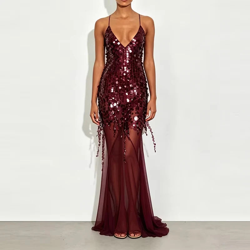 Sexy Deep V-neck Beaded Fishtail Dress Women Elegant Sleeveless Evening Dress Fashion Sequin Backless Hollow Out Slim Long Dress