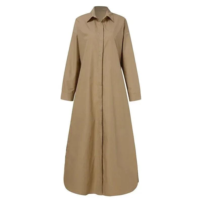 Women's Fashion Lapel Long Sleeved Loose Fitting Dress with Solid Color Buttons Large Casual Turn-down Collar Long Dress - CRAVO ROSE