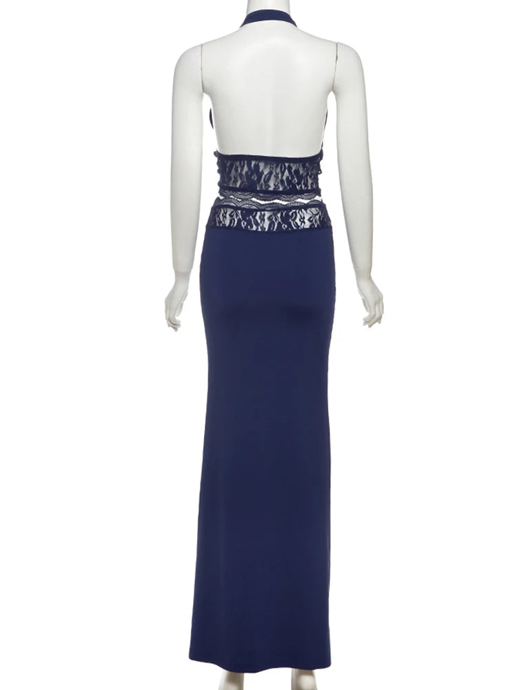 kliou Lace Patchwork Women 2 Piece Set Halter Fashion Backless Sheer V-neck Tanks+Trim Matching Long Skirts Mujer Elegant Suits