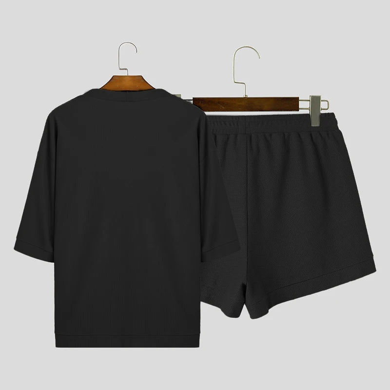 Conjuntos masculinos cor sólida, cardigan de meia manga e shorts com cordão, duas peças, moda urbana, ternos casuais