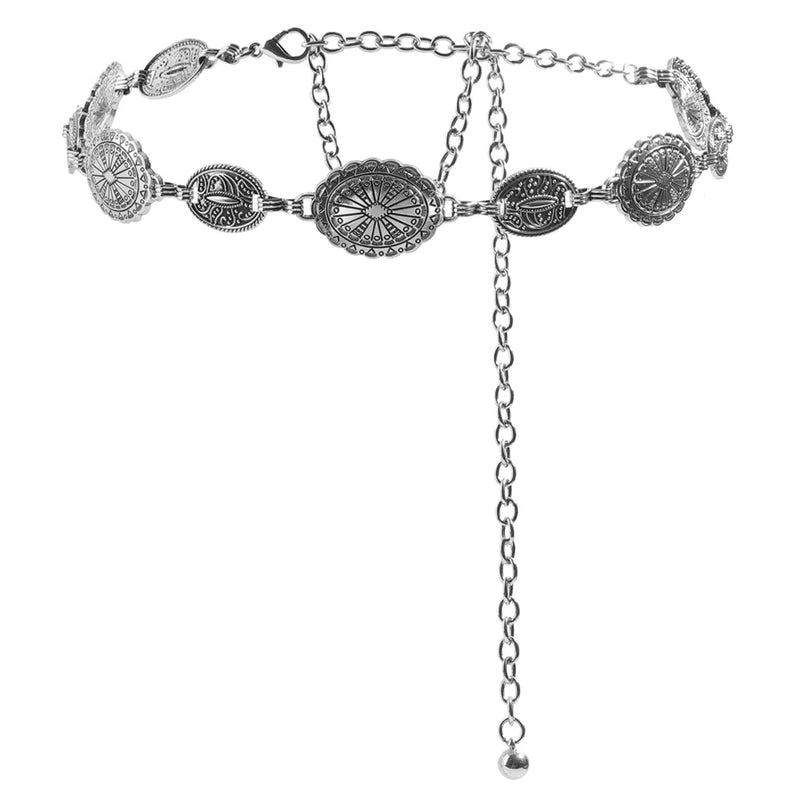 Retro style women's metal waist chain accessories Decorative circle carved chain belt high style accessories