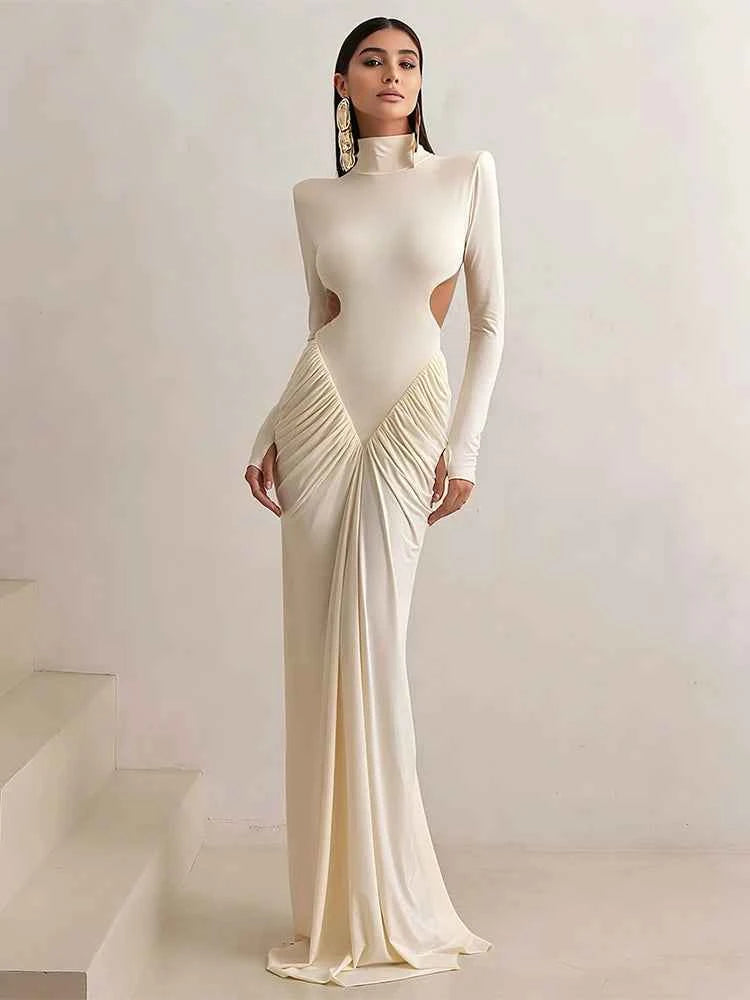 Weird Puss Backless Maxi Dress Women Shoulder Pads Long Sleeve Waistless Peach Buttocks Ruched Elegant Banquet Skinny Vestidos