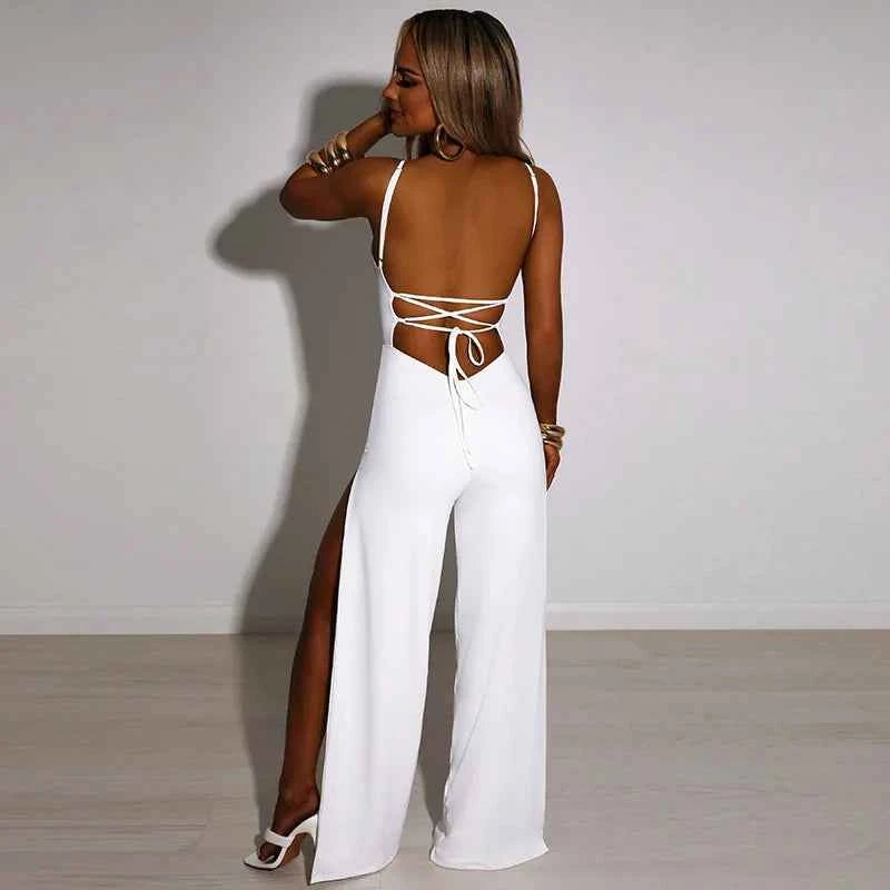 Summer New Fashion Y2K Solid Color Slit Long Pants Backless Strap Gothic Dark Style Women's Jumpsuit
