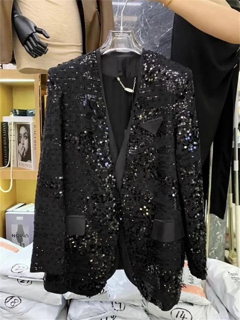 European Brand V-neck Temperament Socialite Sequin Jacket For Women, Mid To Long Style, Stylish Thin Style, Sparkling Top XQ145