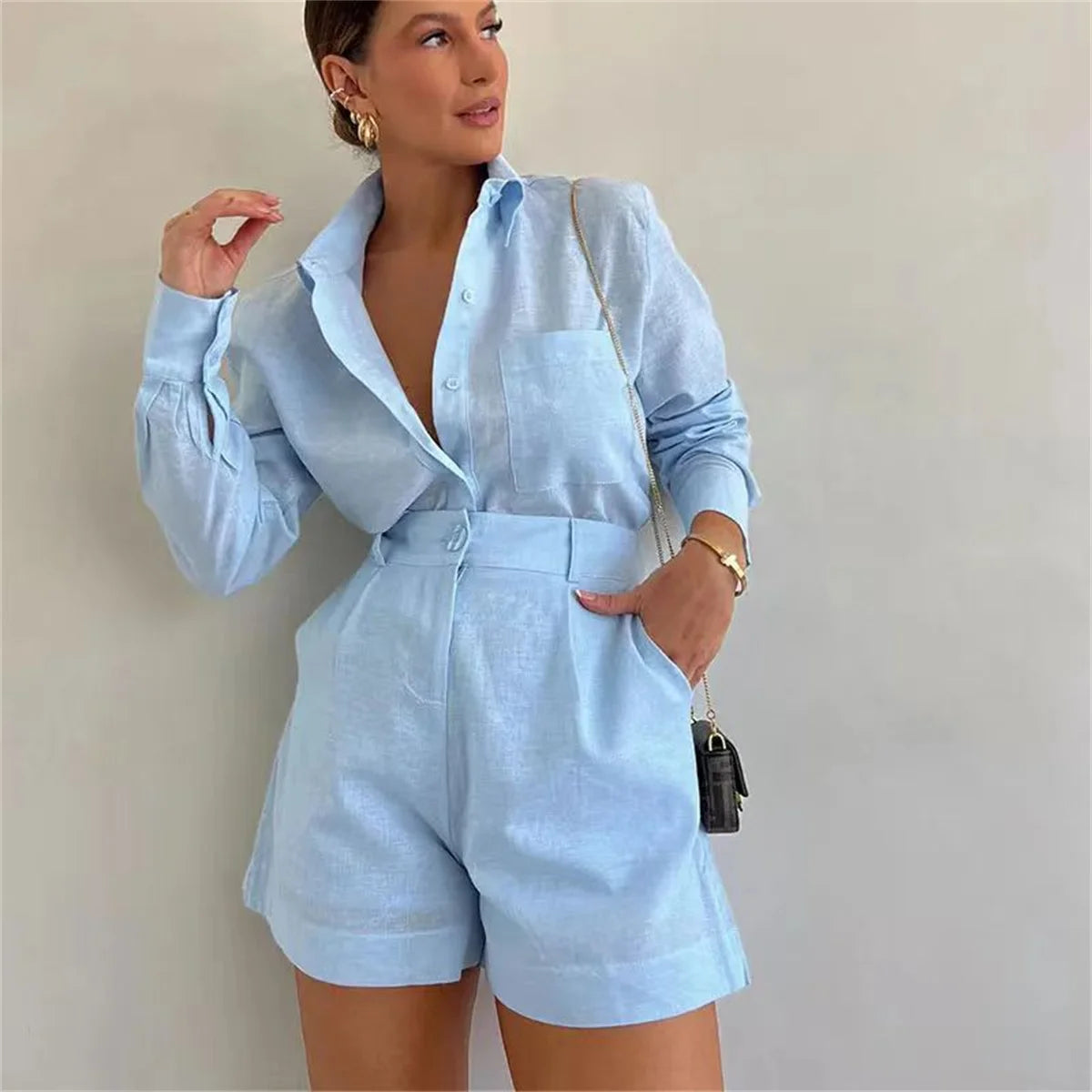 Women Casual Cozy Lapel Pink Shirt Pants Suits Fashion Single Breasted Blouses Elastic Waist Pant Set 2025 Spring Loose Outfits