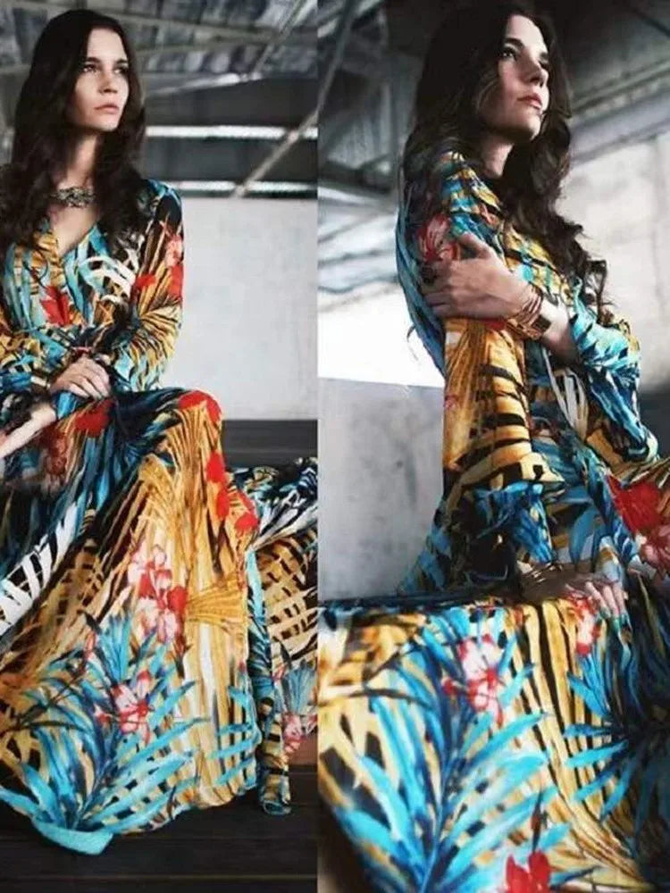 Women's 2024 Autumn New Lantern Sleeves Sexy Deep V Fashion Printed Dress Green Leaf Strap Waist Ankle Long Dress