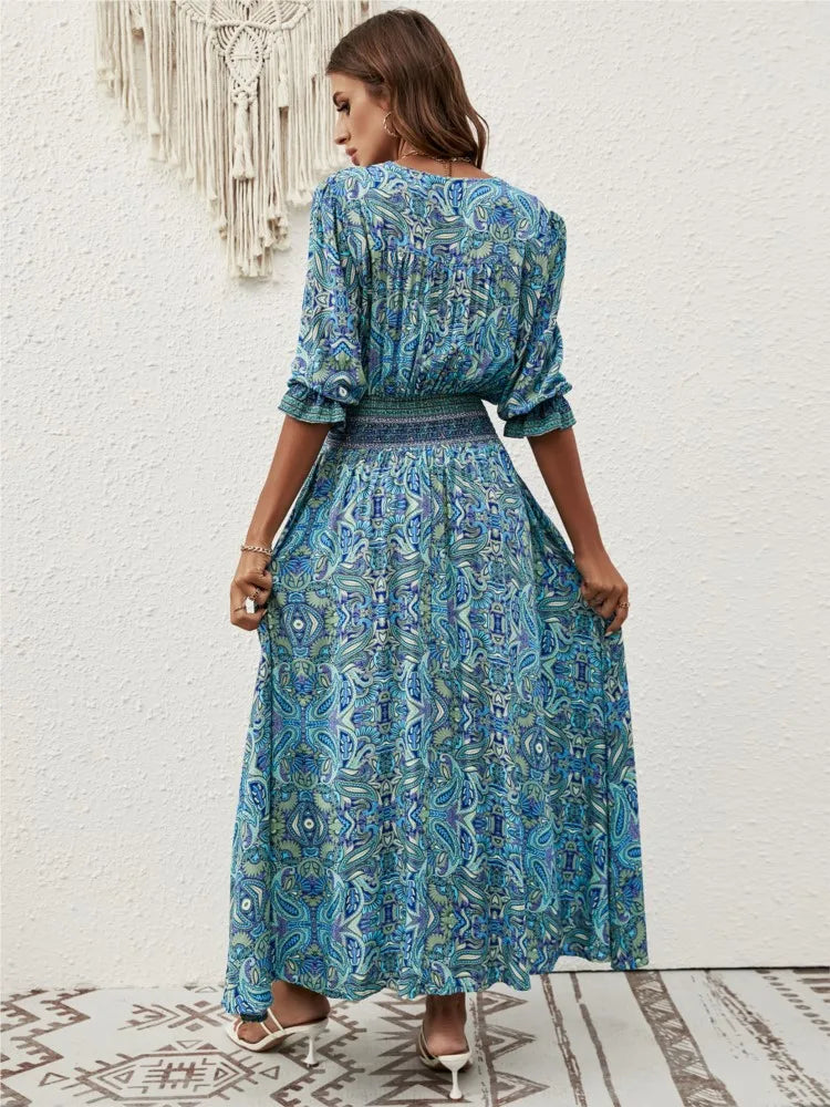 Vestido feminino de verão, novo, decote em V, mangas três quartos, manga lanterna, cintura, gravata, boêmio, viagem, férias, praia