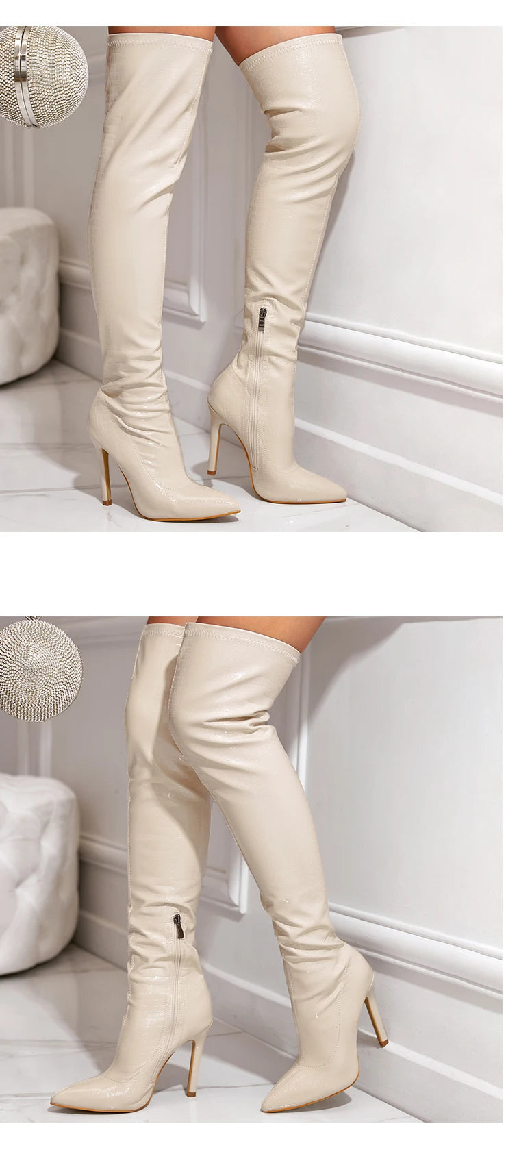 Botas Femininas Listradas de Salto Fino de 11 CM  Sexy Acima do Joelho com Zíper Lateral e Bico Fino