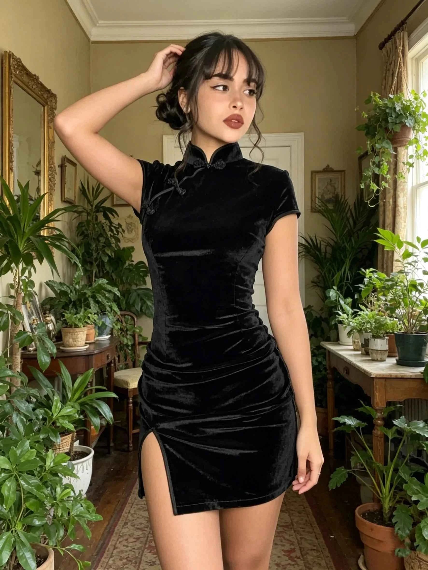 Spring and summer new style elegant and high-end sexy slim fit high neck buckle solid color slit dress