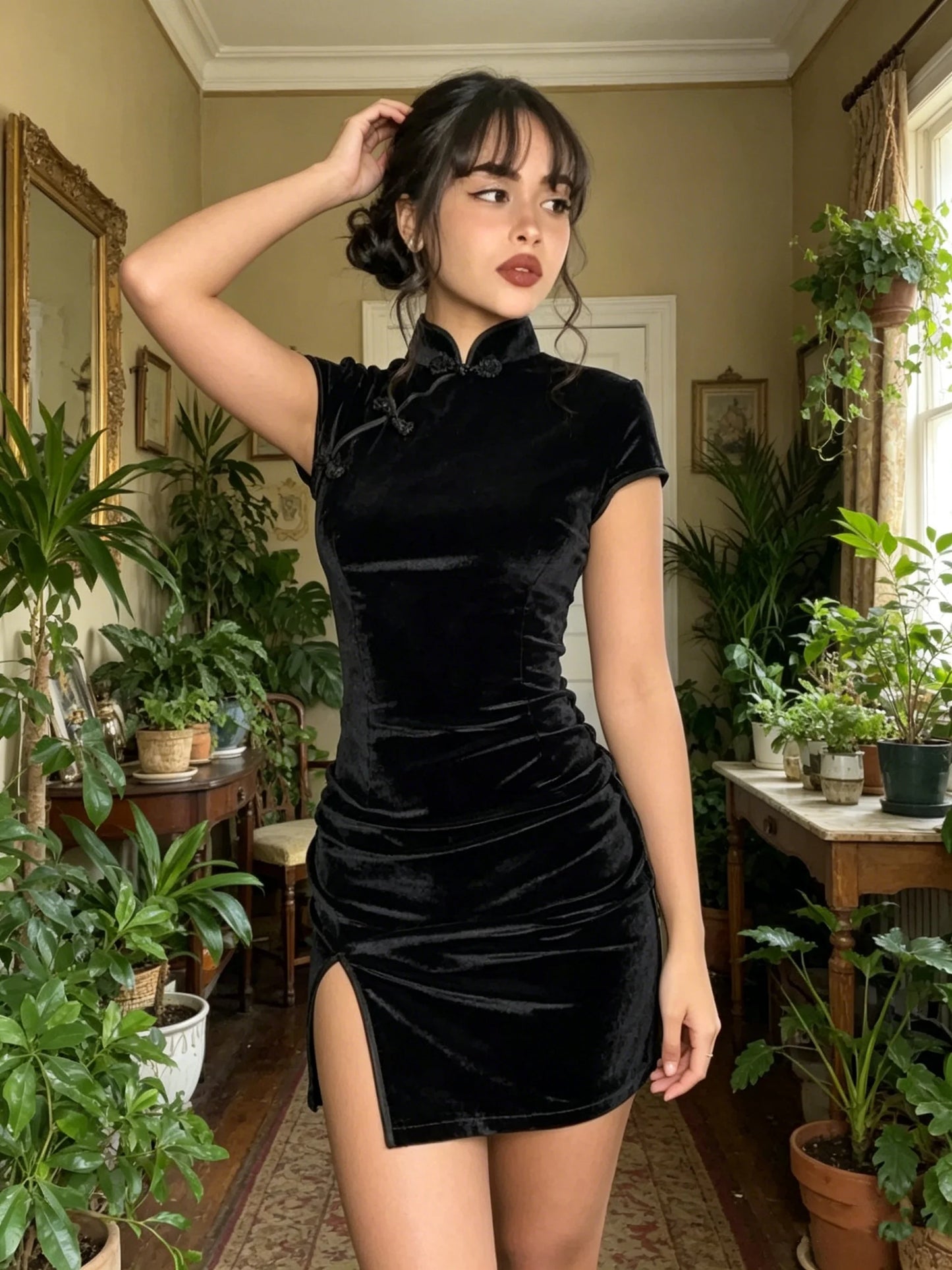 Spring and summer new style elegant and high-end sexy slim fit high neck buckle solid color slit dress