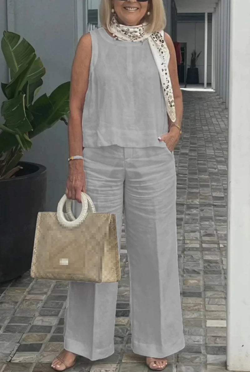 Terno feminino simples de algodão e linho, moda verão, blusa solta sem mangas, calças de perna larga, conjunto de duas peças para mulheres, roupas casuais