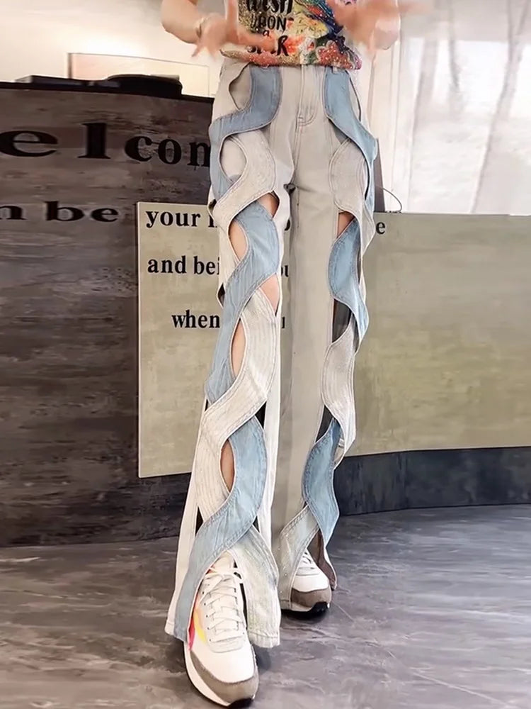 Calça jeans feminina VGH Crisscross Hit Color Streetwear cintura alta patchwork bolsos vazados calças femininas